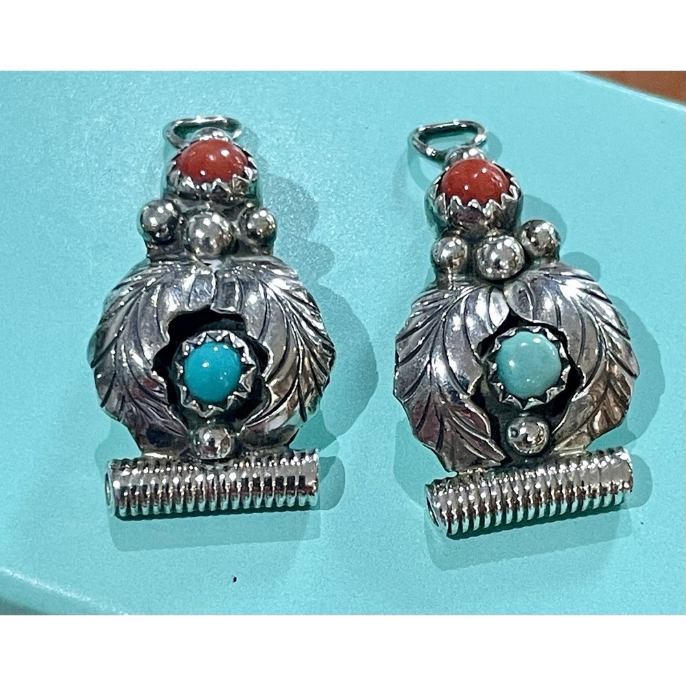 Native American Silver Teardrop Charm Pendant, Turquoise & Coral Bezel Set Of 2